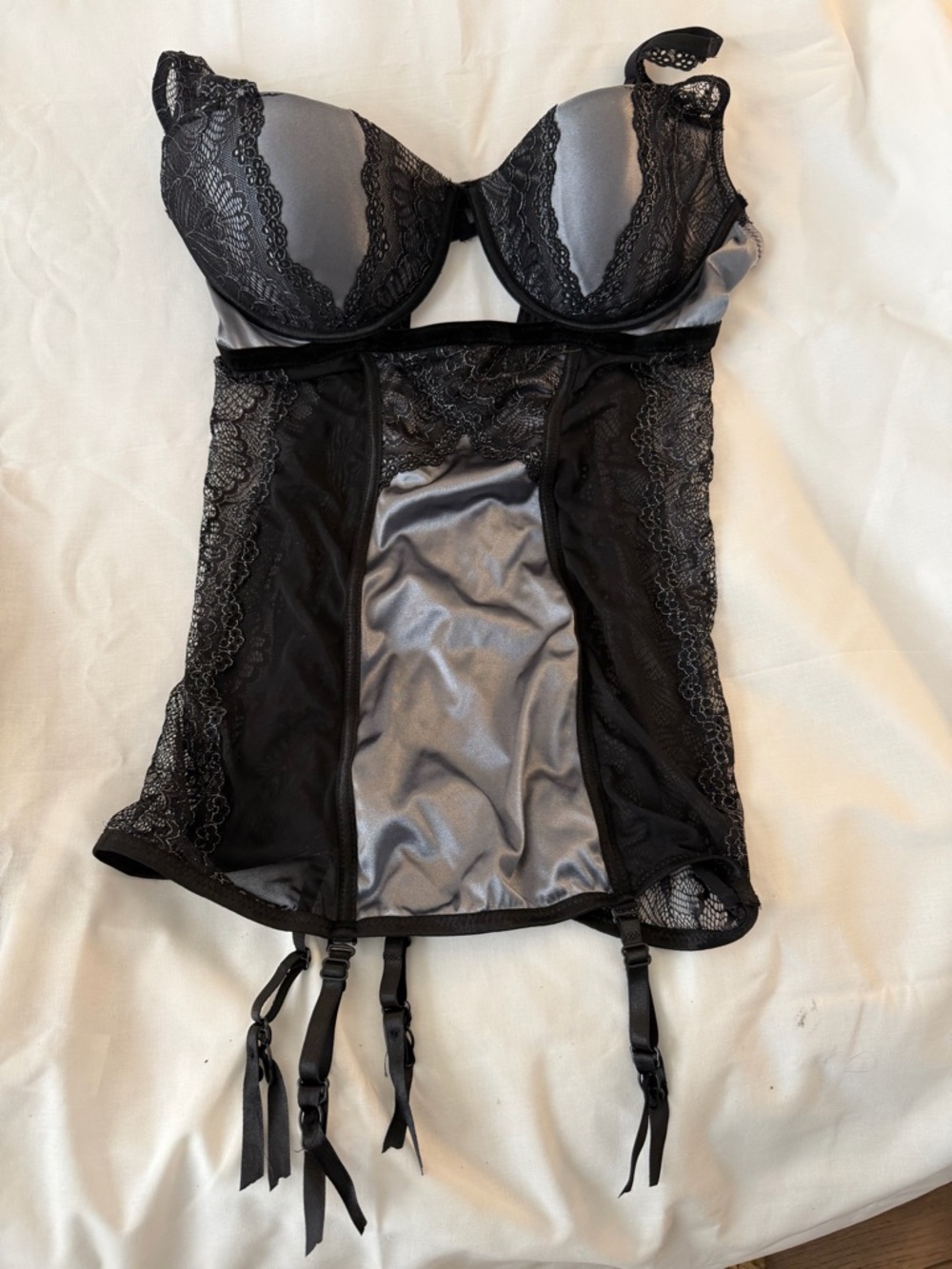 IC COLLECTION Black and Silver Lace Bustier with Garter Details